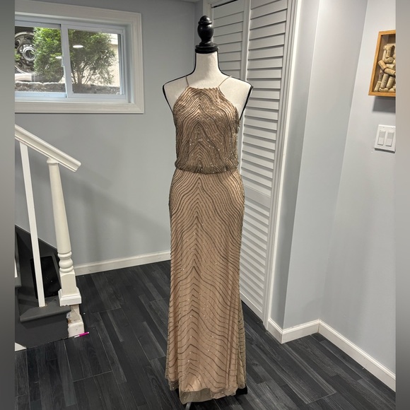 Adrianna Papell Beaded Blouson Halter Gown Taupe Pink Size:2